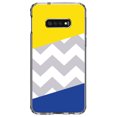 thumbnail image 1 of DistinctInk Clear Shockproof Hybrid Case for Samsung Galaxy S10e (5.8" Screen) - TPU Bumper, Acrylic Back, Tempered Glass Screen Protector - Blue Yellow Block Grey Chevron - Stripes Pattern, 1 of 2