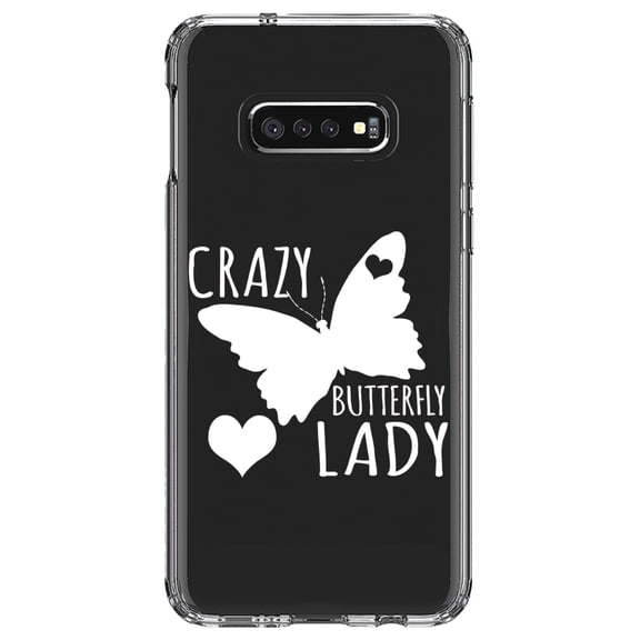 DistinctInk Clear Shockproof Hybrid Case for Samsung Galaxy S10e (5.8" Screen) - TPU Bumper Acrylic Back Tempered Glass Screen Protector - Crazy Butterfly Lady