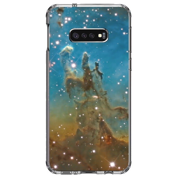 DistinctInk Clear Shockproof Hybrid Case for Samsung Galaxy S10e (5.8" Screen) - TPU Bumper, Acrylic Back, Tempered Glass Screen Protector - Eagle Nebula Blue Green - Astronomy