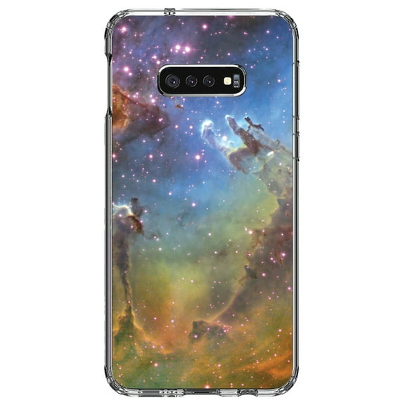 DistinctInk Clear Shockproof Hybrid Case for Samsung Galaxy S10e (5.8" Screen) - TPU Bumper, Acrylic Back, Tempered Glass Screen Protector - Eagle Nebula Orange Blue - Astronomy