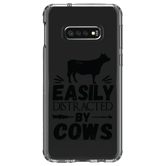 DistinctInk Clear Shockproof Hybrid Case for Samsung Galaxy S10e (5.8" Screen) - TPU Bumper Acrylic Back Tempered Glass Screen Protector - Easily Distracted By Cows