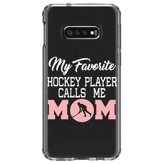 DistinctInk Clear Shockproof Hybrid Case for Samsung Galaxy S10e (5.8" Screen) - TPU Bumper Acrylic Back Tempered Glass Screen Protector - My Favorite Hockey Player Calls Me Mom