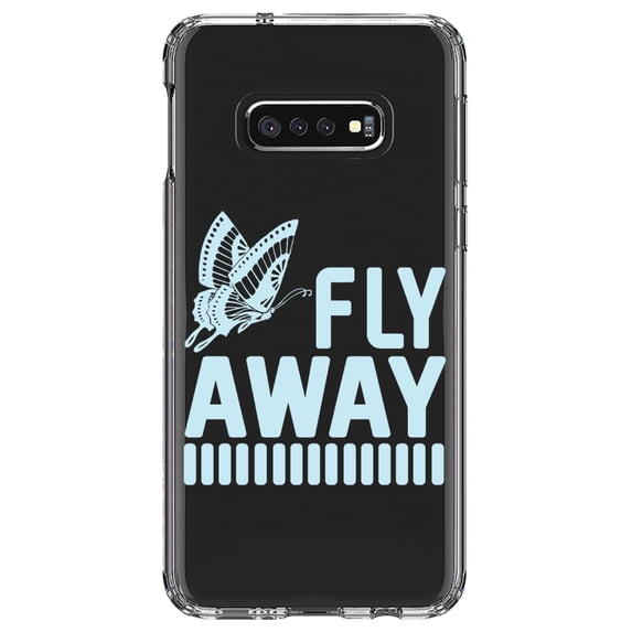 DistinctInk Clear Shockproof Hybrid Case for Samsung Galaxy S10e (5.8" Screen) - TPU Bumper Acrylic Back Tempered Glass Screen Protector - Fly Away - Butterfly Blue