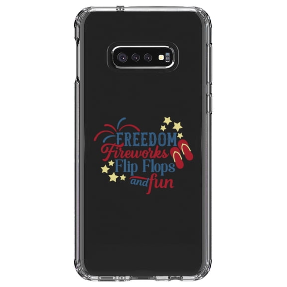 DistinctInk Clear Shockproof Hybrid Case for Samsung Galaxy S10e (5.8" Screen) - TPU Bumper Acrylic Back Tempered Glass Screen Protector - Freedom Fireworks Flip Flops & Fun