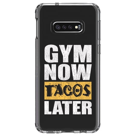 DistinctInk Clear Shockproof Hybrid Case for Samsung Galaxy S10e (5.8" Screen) - TPU Bumper Acrylic Back Tempered Glass Screen Protector - Gym Now Tacos Later