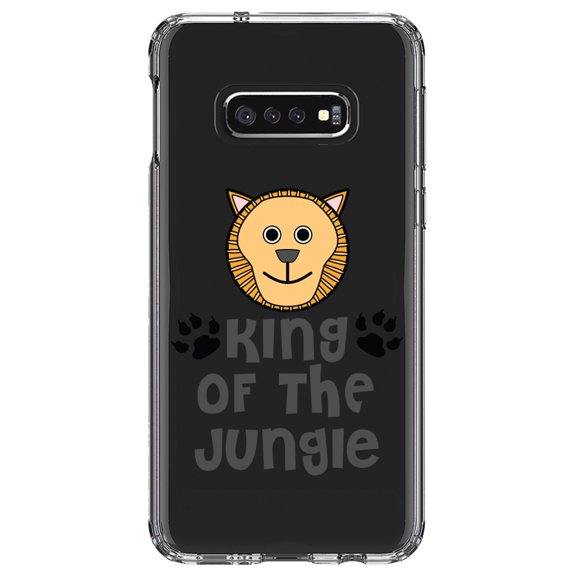 DistinctInk Clear Shockproof Hybrid Case for Samsung Galaxy S10e (5.8" Screen) - TPU Bumper Acrylic Back Tempered Glass Screen Protector - King of the Jungle - Lion