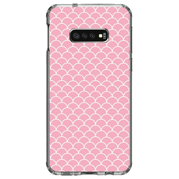 DistinctInk Clear Shockproof Hybrid Case for Samsung Galaxy S10e (5.8" Screen) - TPU Bumper, Acrylic Back, Tempered Glass Screen Protector - Light Pink Scalloped Pattern