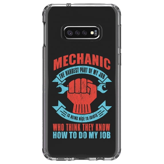 DistinctInk Clear Shockproof Hybrid Case for Samsung Galaxy S10e (5.8" Screen) - TPU Bumper Acrylic Back Tempered Glass Screen Protector - Mechanic Being Nice to Idiots