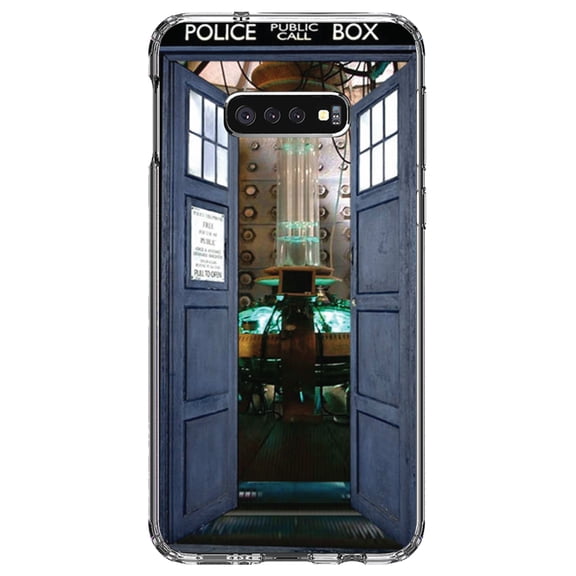 DistinctInk Clear Shockproof Hybrid Case for Samsung Galaxy S10e (5.8" Screen) - TPU Bumper, Acrylic Back, Tempered Glass Screen Protector - Open TARDIS - It's Bigger on the Inside