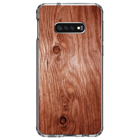 DistinctInk Clear Shockproof Hybrid Case for Samsung Galaxy S10e (5.8" Screen) - TPU Bumper, Acrylic Back, Tempered Glass Screen Protector - Orange Weathered Wood Grain Print - Printed Wood Image