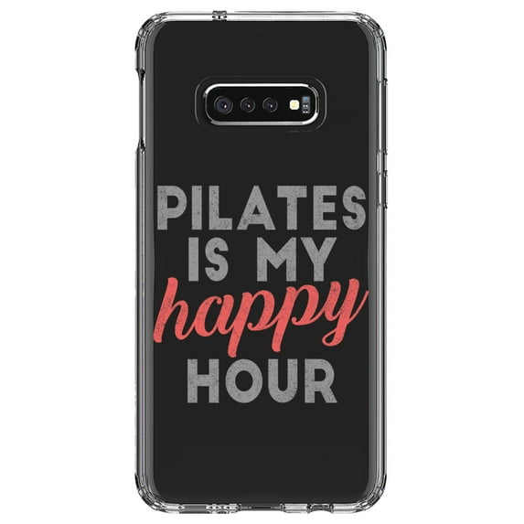DistinctInk Clear Shockproof Hybrid Case for Samsung Galaxy S10e (5.8" Screen) - TPU Bumper Acrylic Back Tempered Glass Screen Protector - Pilates is My Happy Hour