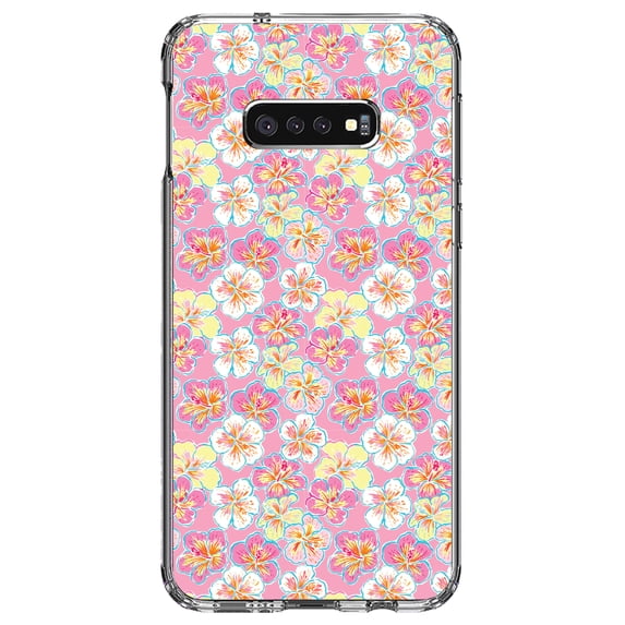 DistinctInk Clear Shockproof Hybrid Case for Samsung Galaxy S10e (5.8" Screen) - TPU Bumper, Acrylic Back, Tempered Glass Screen Protector - Preppy Pattern - Yellow White Pink Flowers Floral
