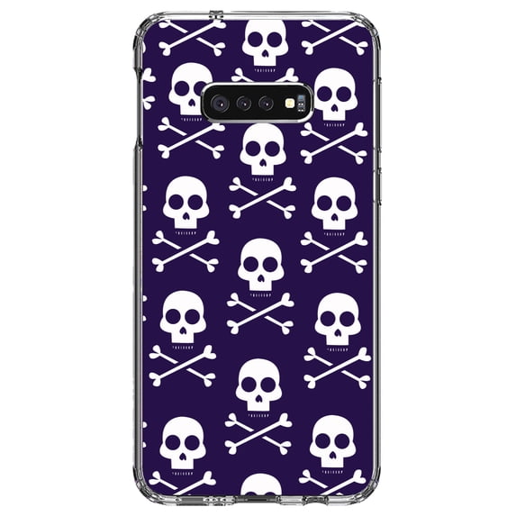 DistinctInk Clear Shockproof Hybrid Case for Samsung Galaxy S10e (5.8" Screen) - TPU Bumper, Acrylic Back, Tempered Glass Screen Protector - Purple White Skulls Pattern