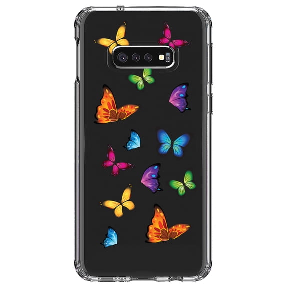 DistinctInk Clear Shockproof Hybrid Case for Samsung Galaxy S10e (5.8" Screen) - TPU Bumper Acrylic Back Tempered Glass Screen Protector - Rainbow Butterflies Butterfly