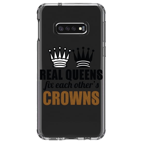 DistinctInk Clear Shockproof Hybrid Case for Samsung Galaxy S10e (5.8" Screen) - TPU Bumper Acrylic Back Tempered Glass Screen Protector - Real Queens Fix Each Other's Crowns