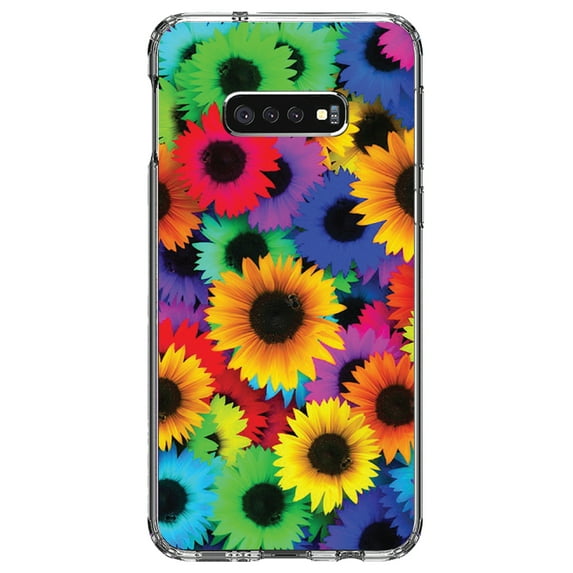 DistinctInk Clear Shockproof Hybrid Case for Samsung Galaxy S10e (5.8" Screen) - TPU Bumper, Acrylic Back, Tempered Glass Screen Protector - Red Green Yellow Sunflowers