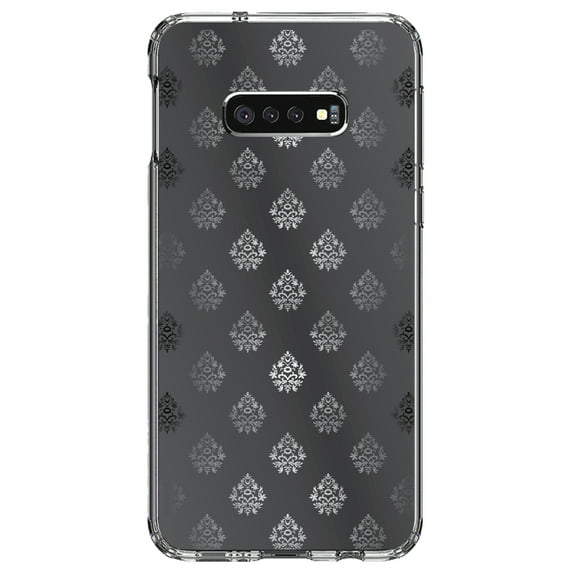 DistinctInk Clear Shockproof Hybrid Case for Samsung Galaxy S10e (5.8" Screen) - TPU Bumper, Acrylic Back, Tempered Glass Screen Protector - Silver Grey Black White Damask - Floral Damask Pattern
