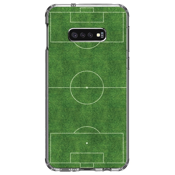 DistinctInk Clear Shockproof Hybrid Case for Samsung Galaxy S10e (5.8" Screen) - TPU Bumper, Acrylic Back, Tempered Glass Screen Protector - Soccer Field Layout