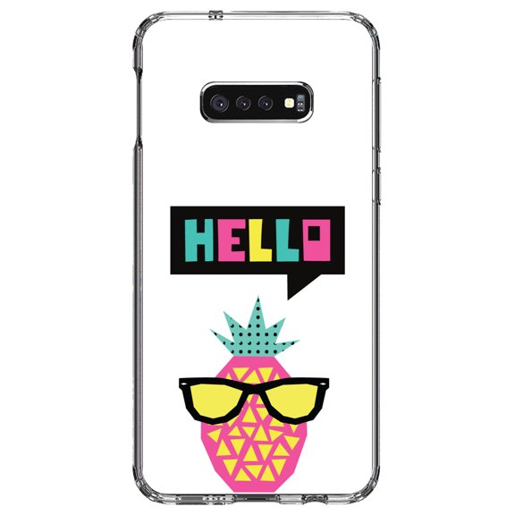 DistinctInk Clear Shockproof Hybrid Case for Samsung Galaxy S10e (5.8" Screen) - TPU Bumper, Acrylic Back, Tempered Glass Screen Protector - Summer Graphics - Hello Cartoon Pineapple