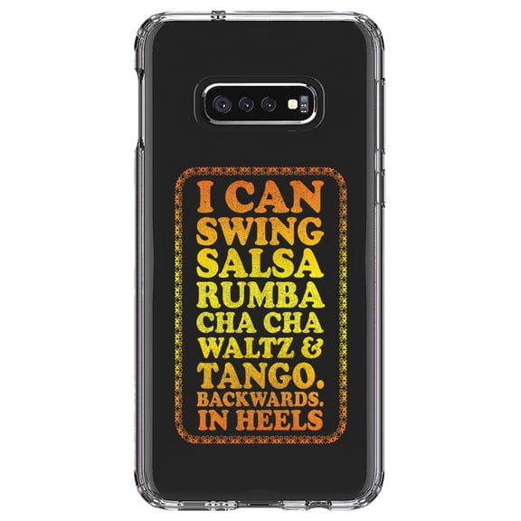 DistinctInk Clear Shockproof Hybrid Case for Samsung Galaxy S10e (5.8" Screen) - TPU Bumper Acrylic Back Tempered Glass Screen Protector - Swing Salsa Rumba Cha Cha Waltz in Heels