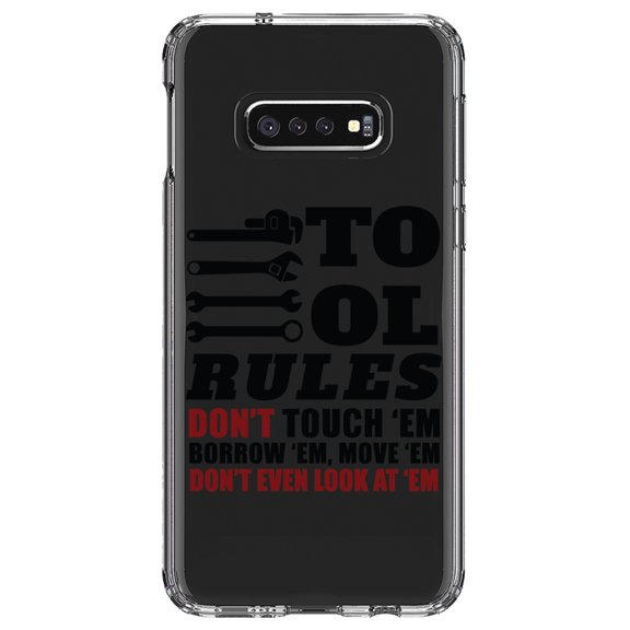 DistinctInk Clear Shockproof Hybrid Case for Samsung Galaxy S10e (5.8" Screen) - TPU Bumper Acrylic Back Tempered Glass Screen Protector - Tool Rules Don't Touch Borrow Move Look