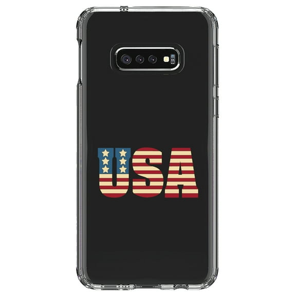 DistinctInk Clear Shockproof Hybrid Case for Samsung Galaxy S10e (5.8" Screen) - TPU Bumper Acrylic Back Tempered Glass Screen Protector - USA Letter Art Flag Red White & Blue