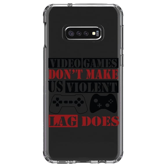 DistinctInk Clear Shockproof Hybrid Case for Samsung Galaxy S10e (5.8" Screen) - TPU Bumper Acrylic Back Tempered Glass Screen Protector - Video Games Don't Make Me Violent Lag Does