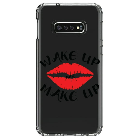 DistinctInk Clear Shockproof Hybrid Case for Samsung Galaxy S10e (5.8" Screen) - TPU Bumper Acrylic Back Tempered Glass Screen Protector - Wake Up and Make Up