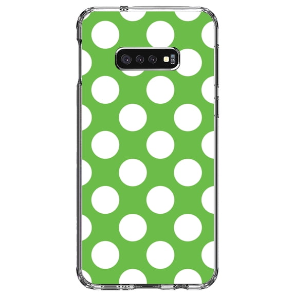 DistinctInk Clear Shockproof Hybrid Case for Samsung Galaxy S10e (5.8" Screen) - TPU Bumper, Acrylic Back, Tempered Glass Screen Protector - White & Green Polka Dots