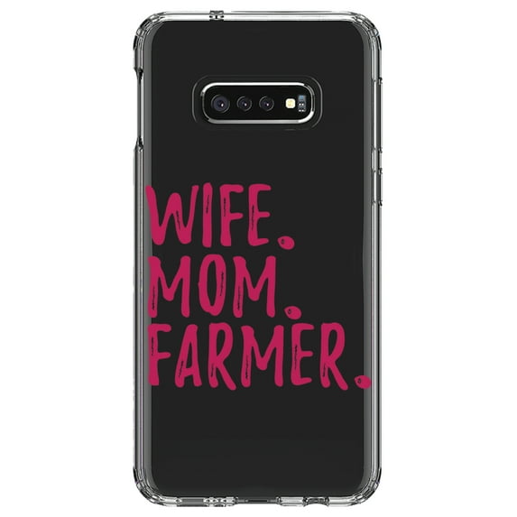 DistinctInk Clear Shockproof Hybrid Case for Samsung Galaxy S10e (5.8" Screen) - TPU Bumper Acrylic Back Tempered Glass Screen Protector - Wife. Mom. Farmer.