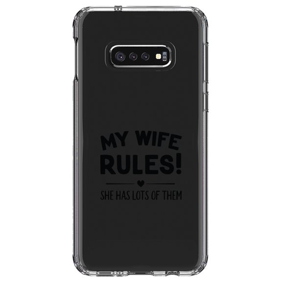 DistinctInk Clear Shockproof Hybrid Case for Samsung Galaxy S10e (5.8" Screen) - TPU Bumper Acrylic Back Tempered Glass Screen Protector - My Wife Rules! She Has Lots of Them