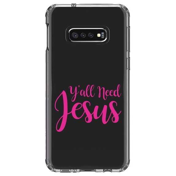 DistinctInk Clear Shockproof Hybrid Case for Samsung Galaxy S10e (5.8" Screen) - TPU Bumper Acrylic Back Tempered Glass Screen Protector - Y'All Need Jesus - Hot Pink