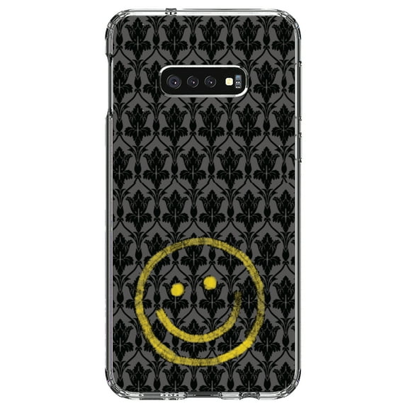 DistinctInk Clear Shockproof Hybrid Case for Samsung Galaxy S10e (5.8" Screen) - TPU Bumper, Acrylic Back, Tempered Glass Screen Protector - Yellow Smiley Face Black Grey Damask