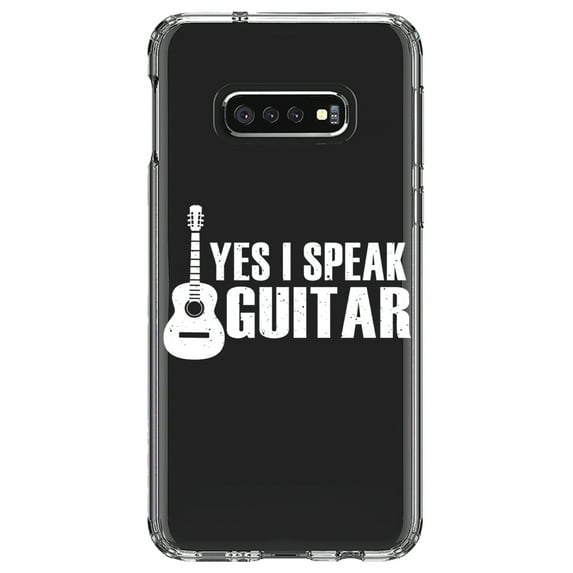 DistinctInk Clear Shockproof Hybrid Case for Samsung Galaxy S10e (5.8" Screen) - TPU Bumper Acrylic Back Tempered Glass Screen Protector - Yes I Speak Guitar