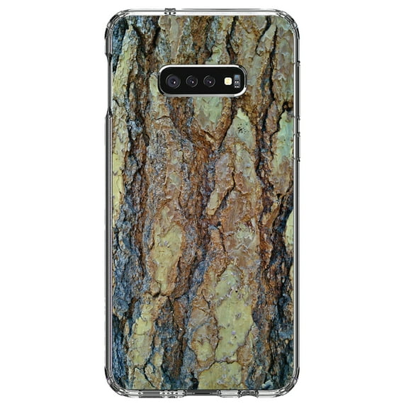 DistinctInk Clear Shockproof Hybrid Case for Samsung Galaxy S10e (5.8" Screen) - TPU Bumper, Acrylic Back, Tempered Glass Screen Protector - Yosemite Redwood Bark