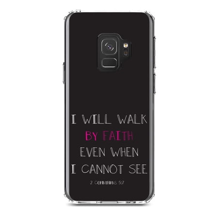 DistinctInk Clear Shockproof Hybrid Case for Samsung Galaxy S9 (5.8" Screen) - TPU Bumper, Acrylic Back, Tempered Glass Screen Protector - 2 Corinthians 5:7 - Walk By Faith Even When I Cannot See