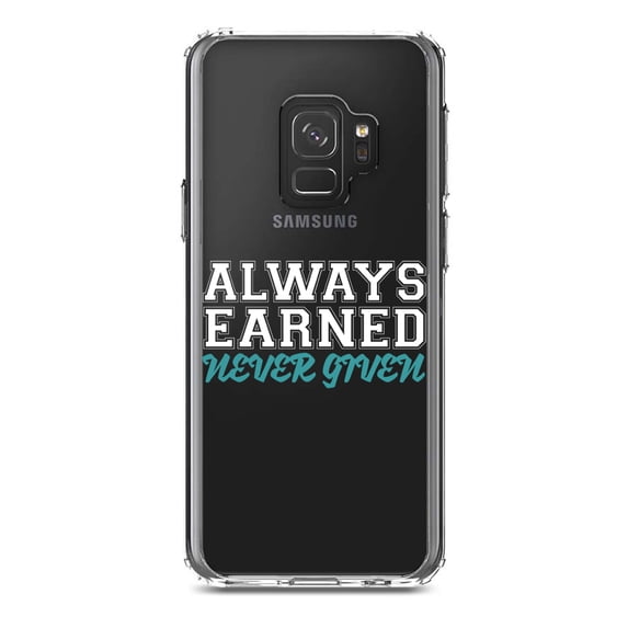 DistinctInk Clear Shockproof Hybrid Case for Samsung Galaxy S9 (5.8" Screen) - TPU Bumper Acrylic Back Tempered Glass Screen Protector - Always Earned Never Given
