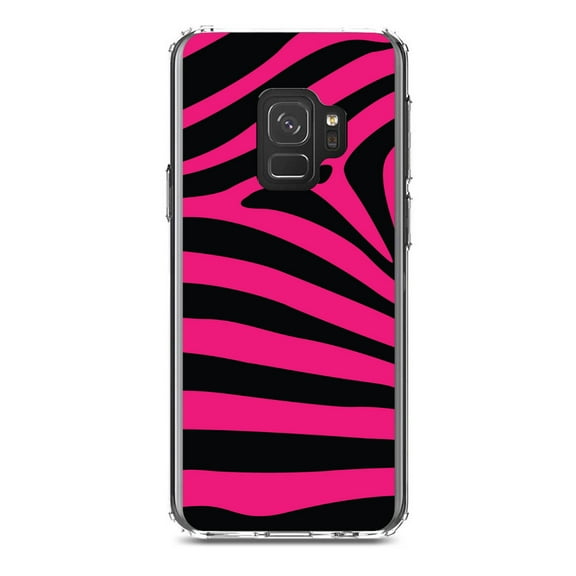 DistinctInk Clear Shockproof Hybrid Case for Samsung Galaxy S9 (5.8" Screen) - TPU Bumper, Acrylic Back, Tempered Glass Screen Protector - Black Hot Pink Zebra Skin Stripes