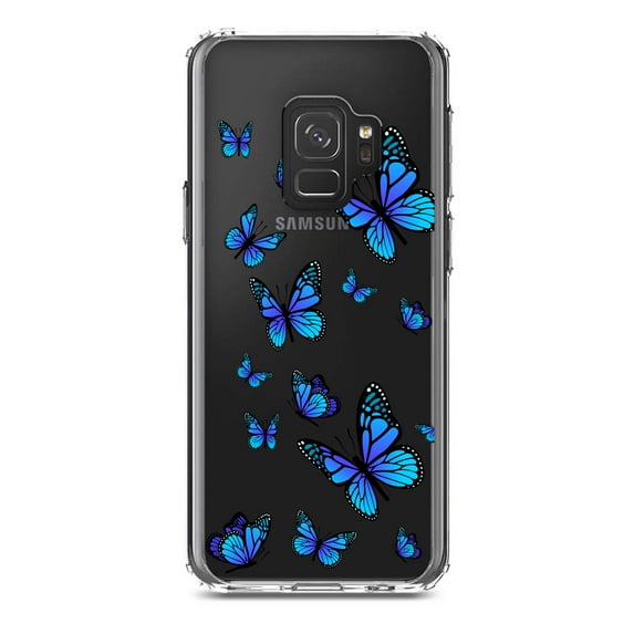 DistinctInk Clear Shockproof Hybrid Case for Samsung Galaxy S9 (5.8" Screen) - TPU Bumper Acrylic Back Tempered Glass Screen Protector - Blue Butterflies Butterfly