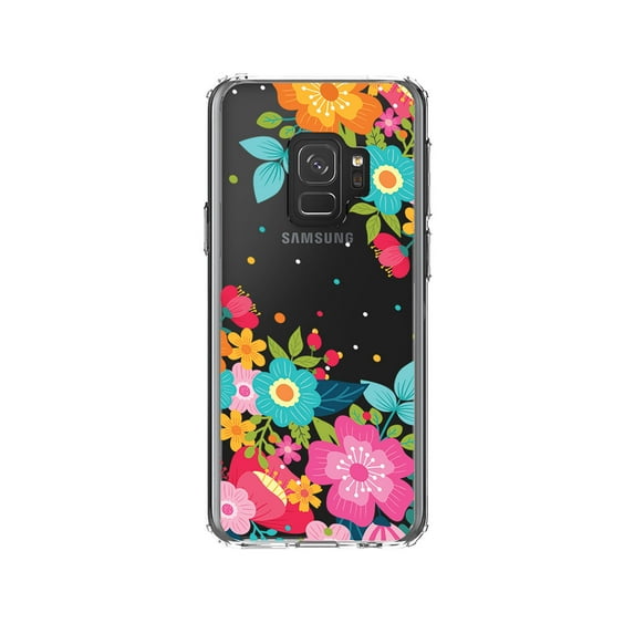 DistinctInk Clear Shockproof Hybrid Case for Samsung Galaxy S9 (5.8" Screen) - TPU Bumper, Acrylic Back, Tempered Glass Screen Protector - Bright Colored Flowers and Dots
