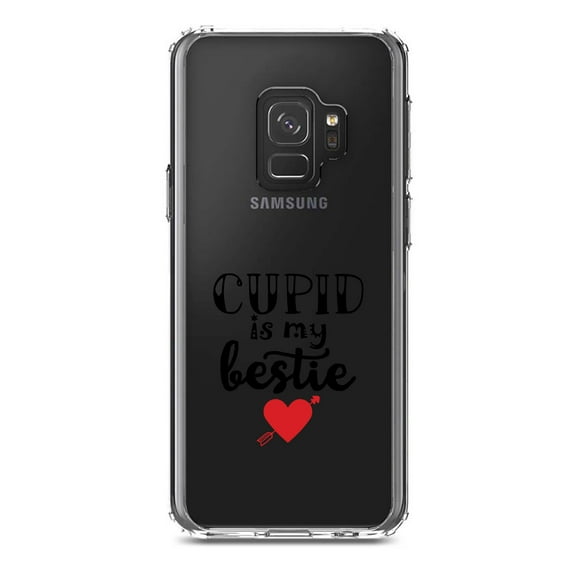 DistinctInk Clear Shockproof Hybrid Case for Samsung Galaxy S9 (5.8" Screen) - TPU Bumper Acrylic Back Tempered Glass Screen Protector - Cupid is My Bestie - Heart - Valentine