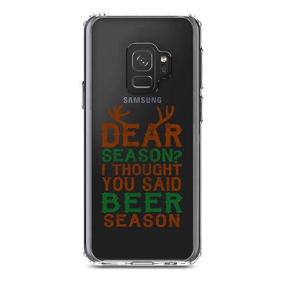 DistinctInk Clear Shockproof Hybrid Case for Samsung Galaxy S9 (5.8" Screen) - TPU Bumper Acrylic Back Tempered Glass Screen Protector - Dear Season? I Thought Beer Season