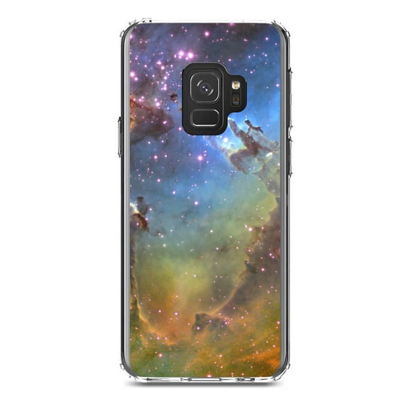 DistinctInk Clear Shockproof Hybrid Case for Samsung Galaxy S9 (5.8" Screen) - TPU Bumper, Acrylic Back, Tempered Glass Screen Protector - Eagle Nebula Orange Blue - Astronomy