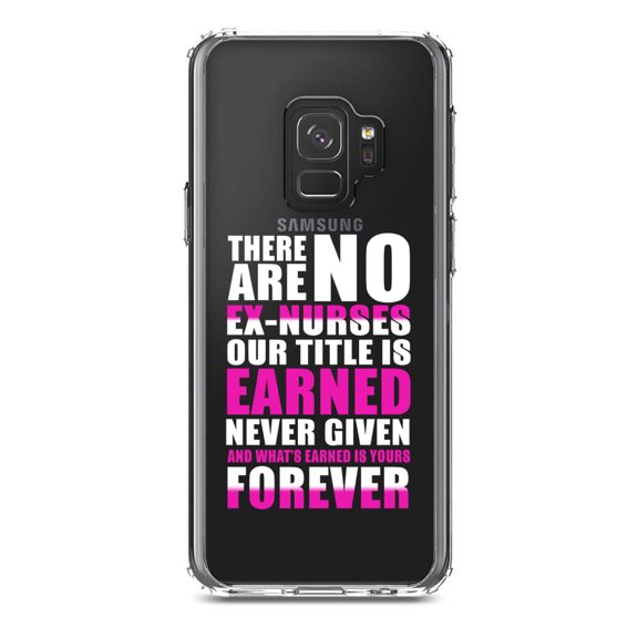 DistinctInk Clear Shockproof Hybrid Case for Samsung Galaxy S9 (5.8" Screen) - TPU Bumper Acrylic Back Tempered Glass Screen Protector - No Ex Nurses Title is Earned Forever
