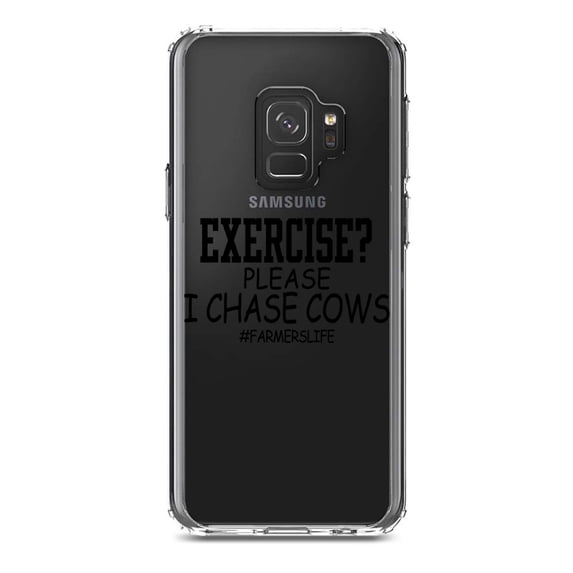 DistinctInk Clear Shockproof Hybrid Case for Samsung Galaxy S9 (5.8" Screen) - TPU Bumper Acrylic Back Tempered Glass Screen Protector - Exercise? Please I Chase Cows