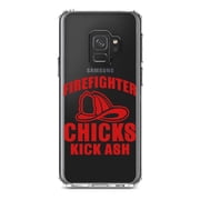DistinctInk Clear Shockproof Hybrid Case for Samsung Galaxy S9 5.8" Screen - TPU Bumper Acrylic Back Tempered Glass Screen Protector - Firefighter Chicks Kick ASH