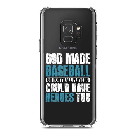 DistinctInk Clear Shockproof Hybrid Case for Samsung Galaxy S9 (5.8" Screen) - TPU Bumper Acrylic Back Tempered Glass Screen Protector - God Made Baseball so Football Players Heroes