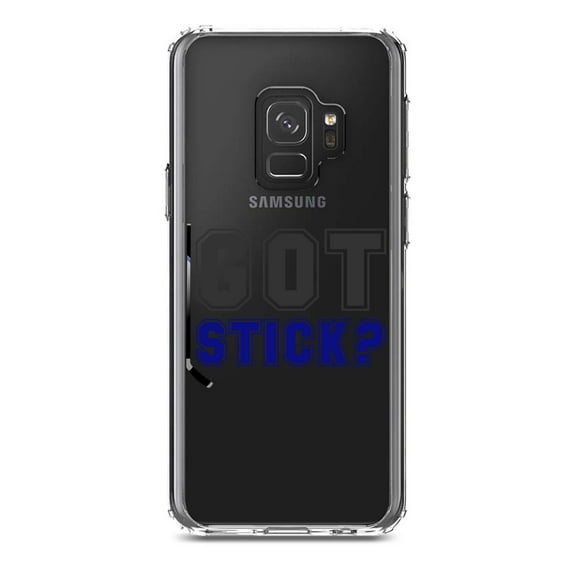 DistinctInk Clear Shockproof Hybrid Case for Samsung Galaxy S9 (5.8" Screen) - TPU Bumper Acrylic Back Tempered Glass Screen Protector - Got Stick? Hockey