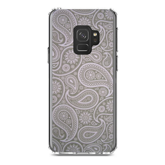 DistinctInk Clear Shockproof Hybrid Case for Samsung Galaxy S9 (5.8" Screen) - TPU Bumper, Acrylic Back, Tempered Glass Screen Protector - Grey Black Paisley