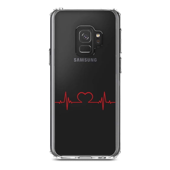 DistinctInk Clear Shockproof Hybrid Case for Samsung Galaxy S9 (5.8" Screen) - TPU Bumper Acrylic Back Tempered Glass Screen Protector - Heart Pulse EKG Red Valentine
